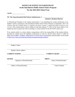 Notice of Intent to Participate in Interdistrict Public School Choice Program