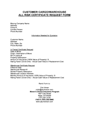 All Risk Certificate Request Form