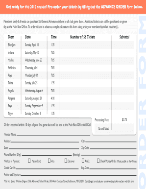 Junior Orioles Dugout Club Advance Order Form