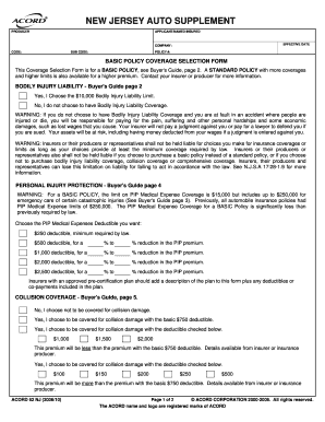 New Jersey Auto Insurance Coverage Selection Form
