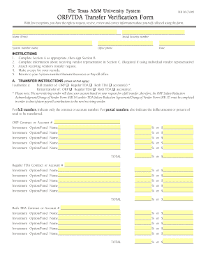 Texas A&M ORP/TDA Transfer Verification Form