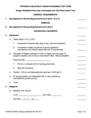 FDA Bulk Milk Tanker Screening Test Form