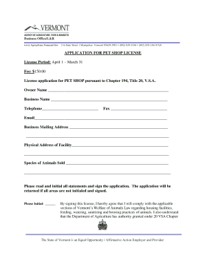 APPLICATION FOR PET SHOP LICENSE