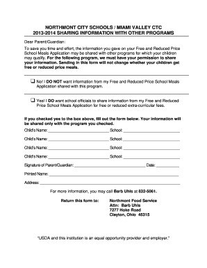 School Meals Application Information Sharing Form
