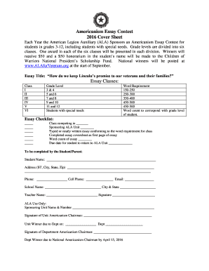 Americanism Essay Contest Cover Sheet