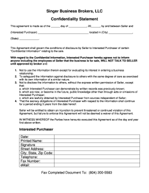 Singer Business Brokers Confidentiality Agreement