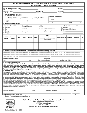 Maine Automobile Dealers Association Insurance Trust Participant Change Form