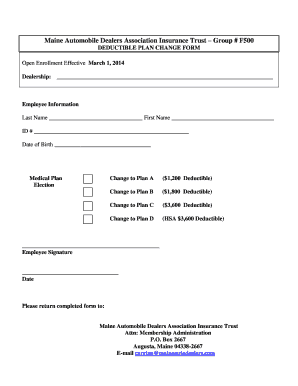 Maine Automobile Dealers Association Insurance Trust Deductible Plan Change Form