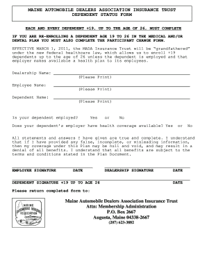 Maine Automobile Dealers Association Dependent Status Form