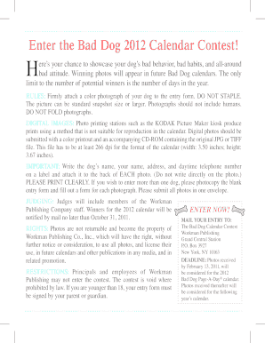 Bad Dog 2012 Calendar Contest Entry Form