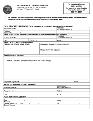 SD Medicaid Maximum Units Override Request