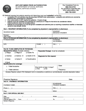 South Dakota Anti-Histamine Prior Authorization Form