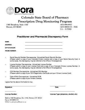 Colorado Practitioner and Pharmacist Discrepancy Form