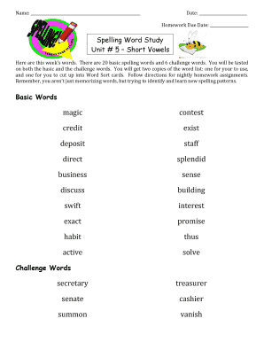 Spelling Word Study Homework Assignment