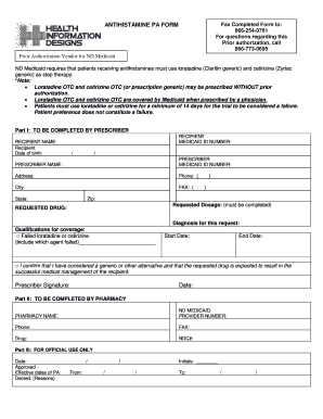 North Dakota Medicaid Antihistamine Prior Authorization Form