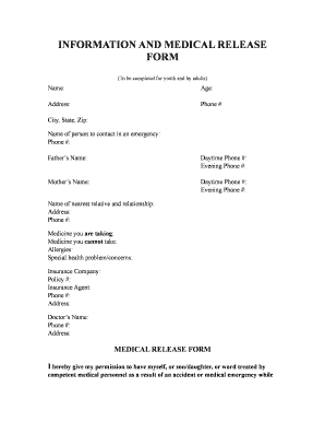 Medical Release Form for Youth