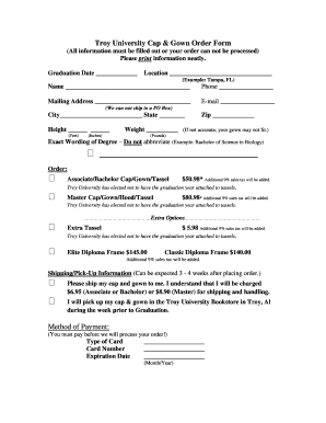 Troy University Cap & Gown Order Form