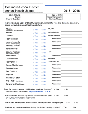 Columbus School District Annual Health Update Form
