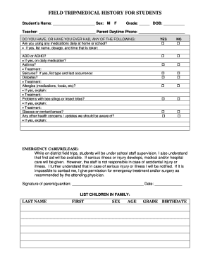 Student Field Trip Medical History Form