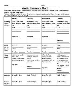 Weekly Homework Chart