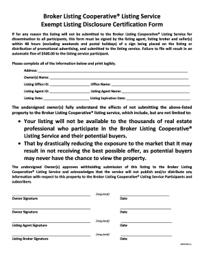 Broker Listing Cooperative Exempt Listing Disclosure Certification Form
