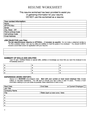 Resume Worksheet Template