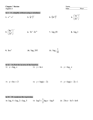 Algebra 2 Chapter 7 Review Worksheet