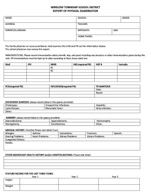 New Jersey School Physical Exam Report