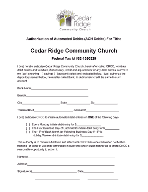 ACH Debit Authorization for Tithe