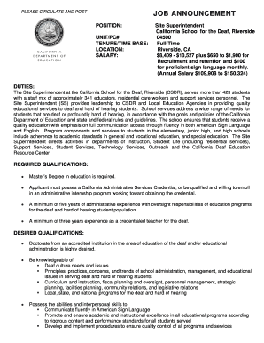 Job Announcement - Forms (CDE Intranet). Template for divisions and offices to advertise vacant positions in the California Department of Education. - cal-ed