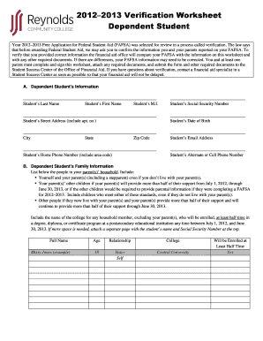 2012–2013 Verification Worksheet for Dependent Student