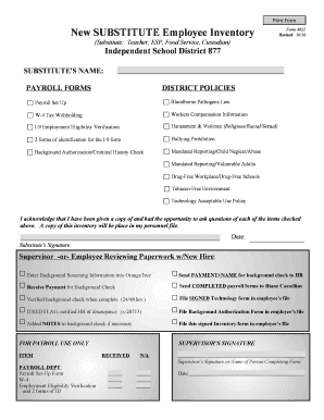 Substitute Employee Inventory Form