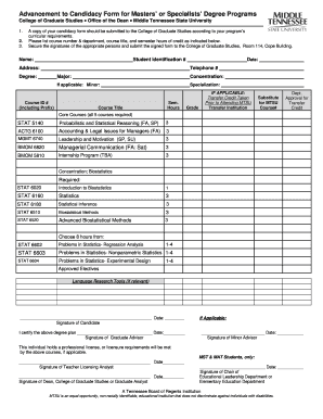 Advancement to Candidacy Form for Masters Degree