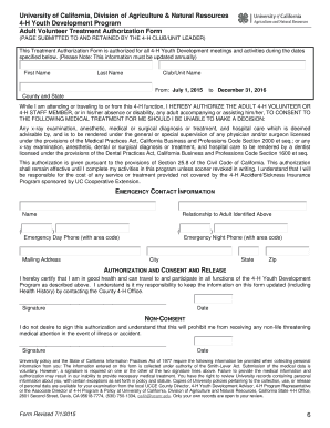 4-H Youth Development Medical Treatment Authorization Form