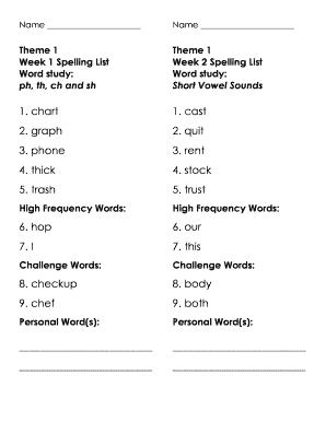 Weekly Spelling List Template