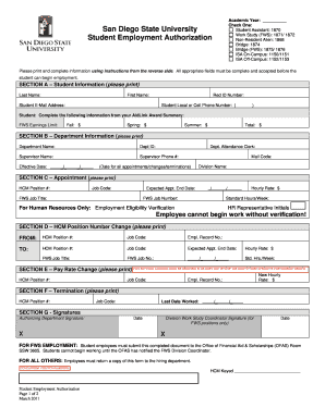 San Diego State University Student Employment Authorization Form