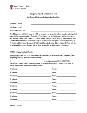 Background Check Authorization Form For Student Positions - hr sdsu