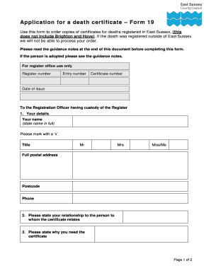 Application for a Death Certificate – Form 19