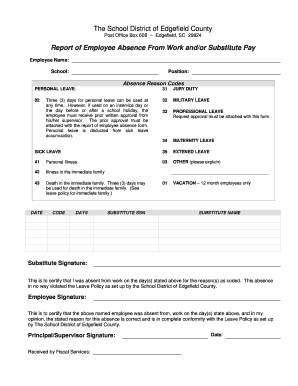 Report of Employee Absence From Work and/or Substitute Pay