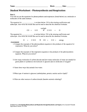 Student Worksheet Photosynthesis and Respiration