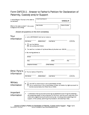 Answer to Father’s Petition for Declaration of Paternity, Custody and/or Support
