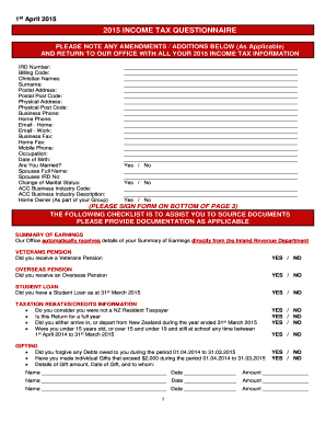 2015 New Zealand Income Tax Questionnaire