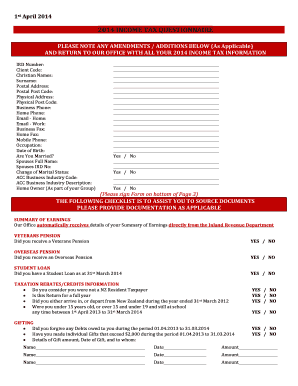 2014 New Zealand Income Tax Questionnaire