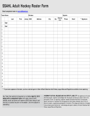 SSAHL Adult Hockey Roster Form
