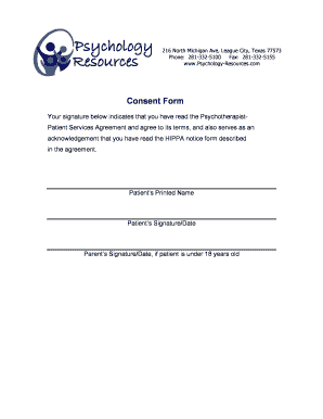 Psychotherapist-Patient Services Agreement Consent Form