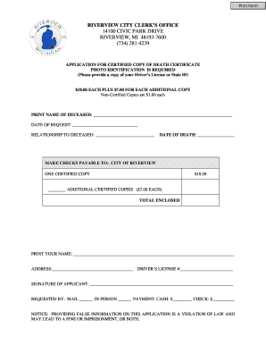 Application for Certified Copy of Death Certificate
