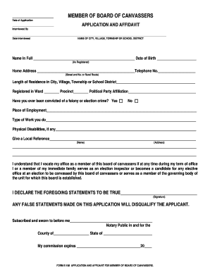 Application and Affidavit for Member of Board of Canvassers