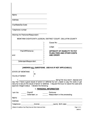 Montana Affidavit of Inability to Pay Filing Fees
