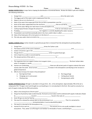 Global Water, Carbon, Nitrogen, and Phosphorus Cycle Worksheet