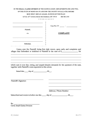 Montana Small Claims Complaint